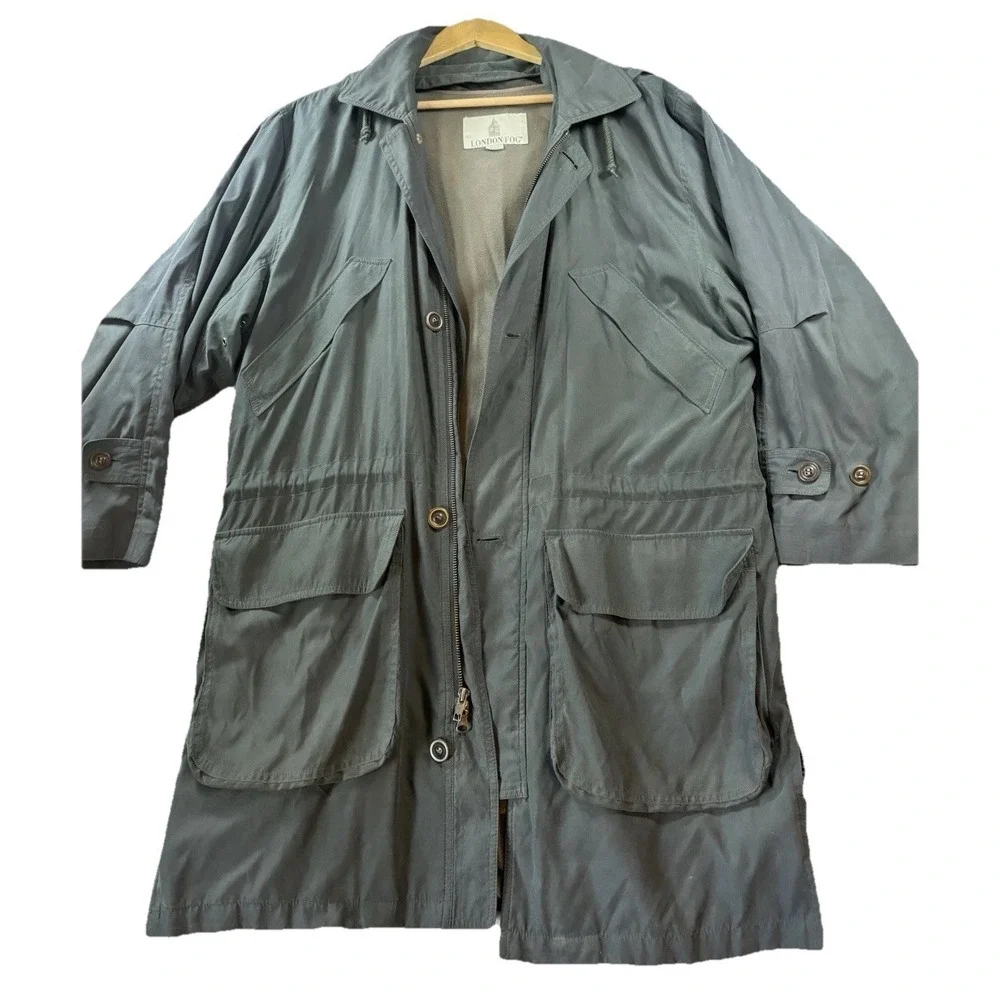 London Fog Men's 40R Gray Green Microfiber Parka Jacket W/lining & Hood‎